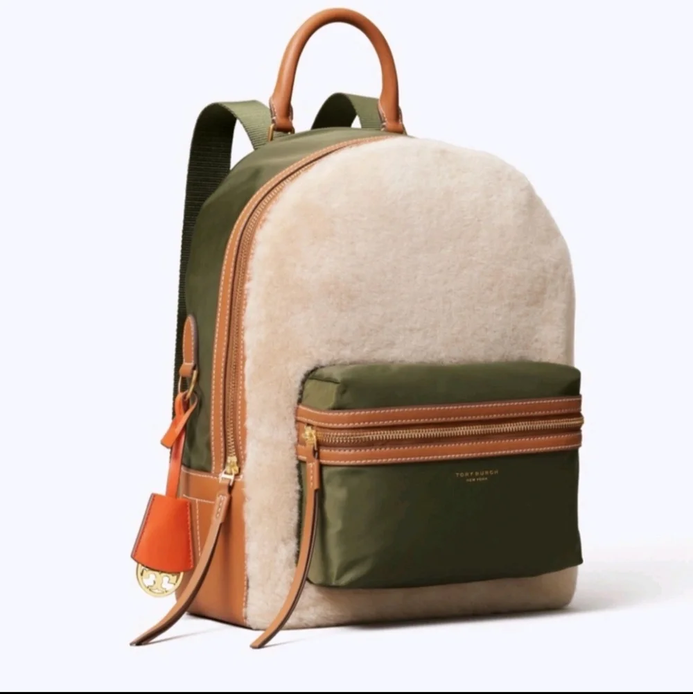 Tory Burch Perry Shearling & Nylon Backpack - Olive/Cream